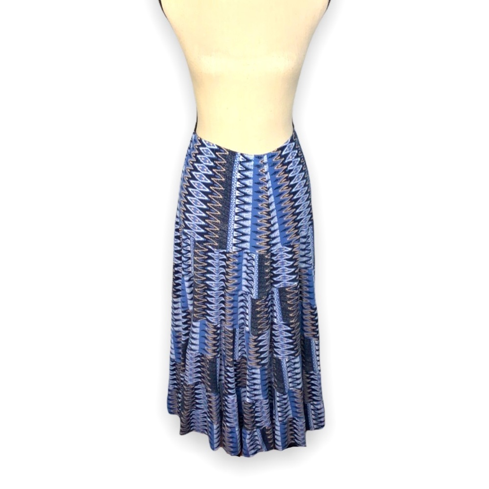 Multiples Blue Aztec Print Rayon Blend Long Maxi Skirt Petite Small PS Boho